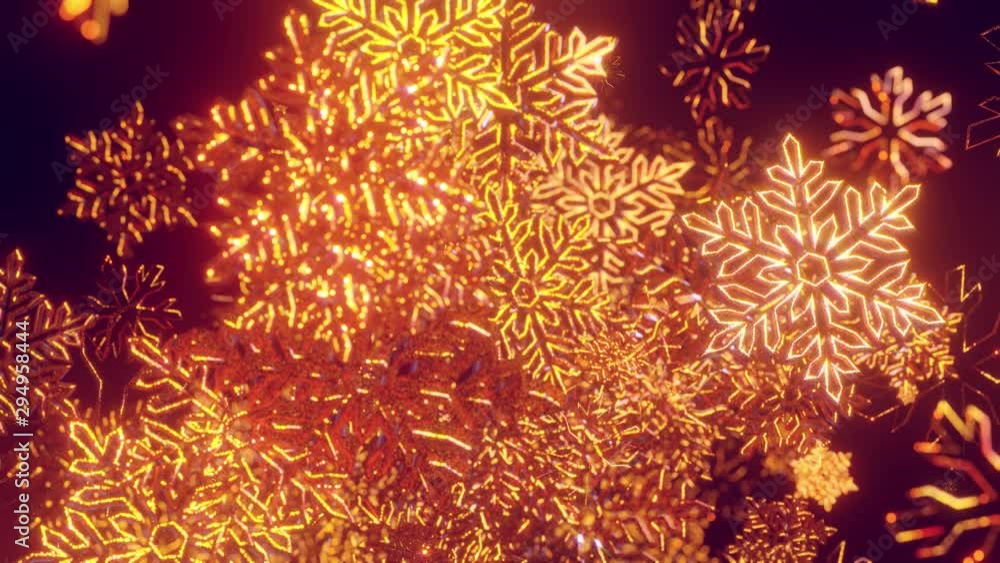 Aufkleber 3d golden christmas background with bokeh and depth of field of shiny toy snowflakes hanging in the 