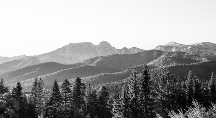 Black and white Tatra Mountains range in Poland - view on Giewont from Zakopane