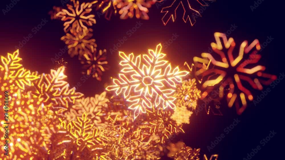 Poster 3d golden christmas background with bokeh and depth of field of shiny toy snowflakes hanging in the 