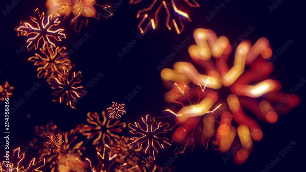 Poster 3d golden christmas background with bokeh and depth of field of shiny toy snowflakes hanging in the 