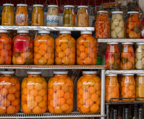 various fruits jar crystal sale market traditional handmade colorful delicious healthy organic peaches