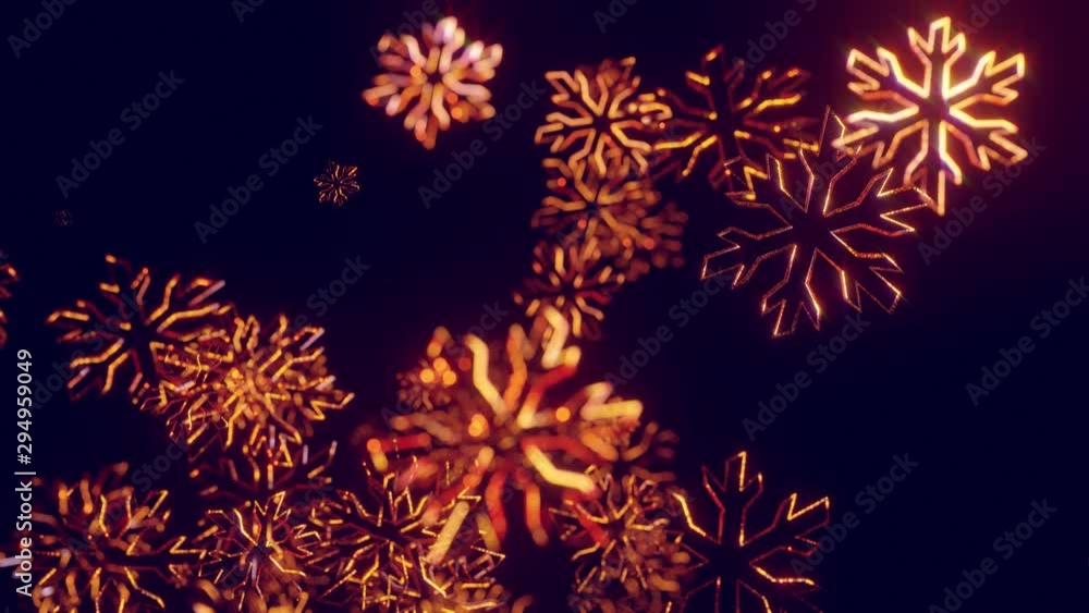 Aufkleber 3d golden christmas background with bokeh and depth of field of shiny toy snowflakes hanging in the 