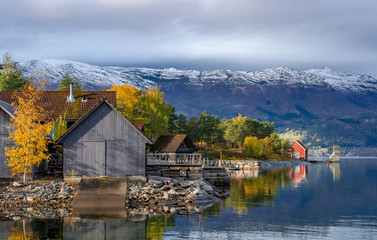 Fototapeta premium Boat sheds and cottages, Sandane - Norway