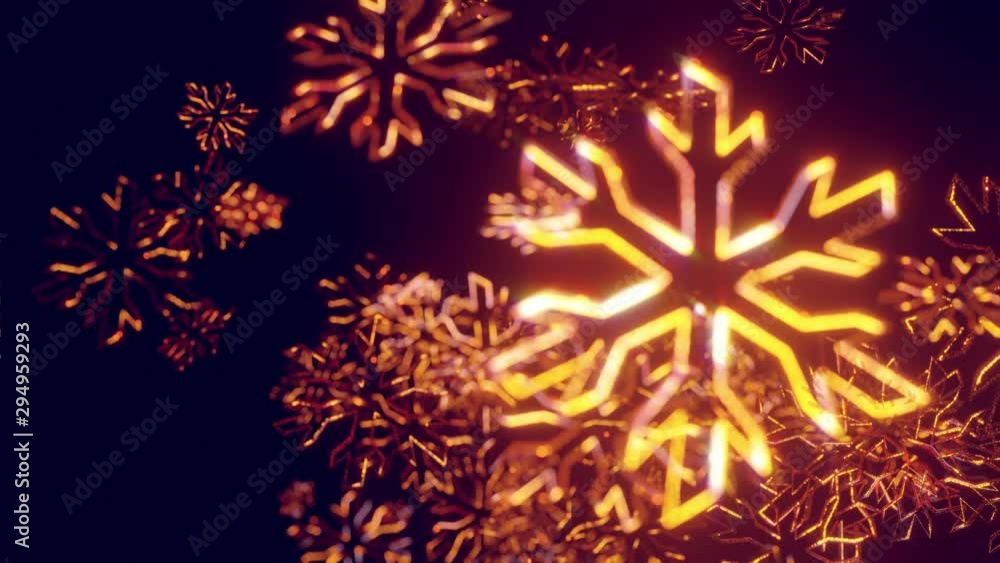 Poster 3d golden christmas background with bokeh and depth of field of shiny toy snowflakes hanging in the 
