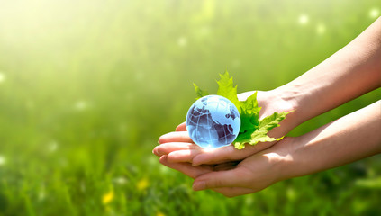 Earth crystal glass globe ball and maple leaf in human hand on grass background. Saving environment, save clean green planet, ecology concept. Card for World Earth Day.
