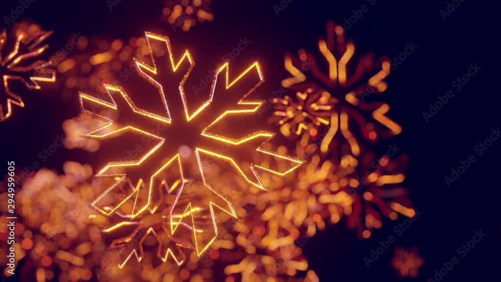 Poster 3d golden christmas background with bokeh and depth of field of shiny toy snowflakes hanging in the 