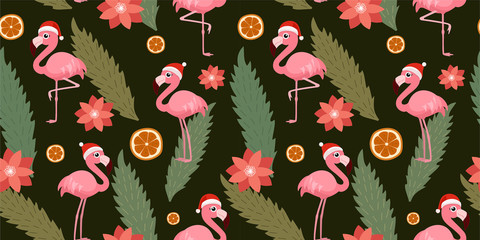 Winter christmas pattern with flamingo, orange, leaves and flowers. Vector seamless texture.