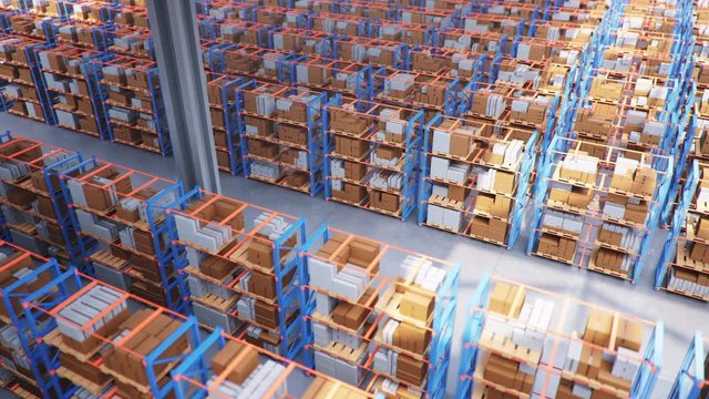 Warehouse with cardboard boxes inside on pallets racks, logistic center. Huge, large modern warehouse. Warehouse filled with cardboard boxes on shelves. Top view of the entire warehouse 3D animation