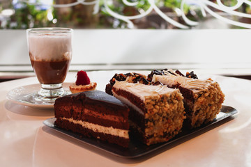 piece of chocolate cake with coffee