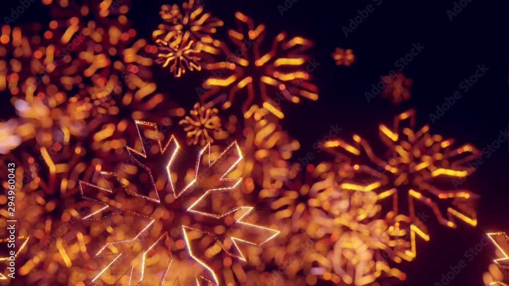 Poster 3d golden christmas background with bokeh and depth of field of shiny toy snowflakes hanging in the 