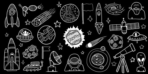 Big collection of space elements. Astronomy doodles. Hand drawn sketch. Vector illustration. © Art Alex