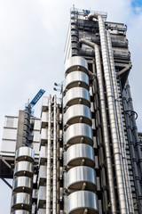 Low angle view of skyscrapers. Looking up perspective. Bottom view of modern skyscrapers in...