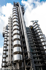 Low angle view of skyscrapers. Looking up perspective. Bottom view of modern skyscrapers in...