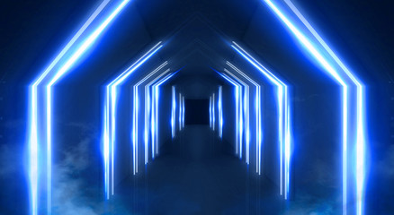 Abstract light tunnel, stage, portal with rays, neon lights and spotlights. Dark empty scene with neon. Abstract blue background, light, smoke. Symmetric reflection, perspective. 3D rendering.