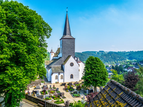 St. Matthias Church elevated view in Reifferscheid, North Rhine-Westphalia, Germany