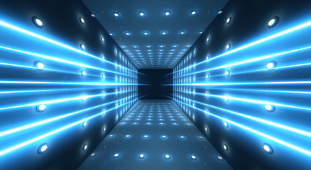 Abstract light tunnel, stage, portal with rays, neon lights and spotlights. Dark empty scene with neon. Abstract blue background, light, smoke. Symmetric reflection, perspective. 3D rendering.