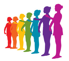 Rainbow colored row of seven ballerinas girls. Rainbow colors silhouettes of seven ballerinas standing in a row. 