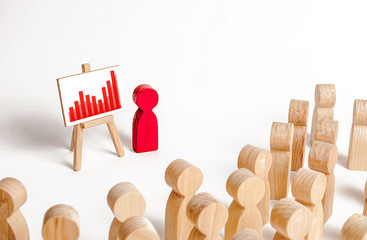 A person conducts a presentation report in front of a crowd. Positive growth trend, successful...
