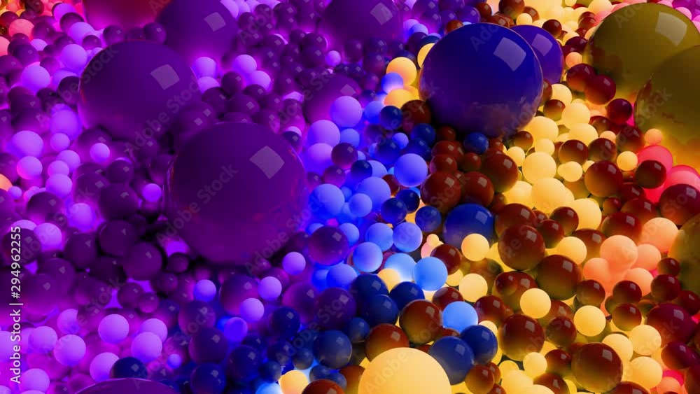 Poster 3d loop of animation in 4k with beautiful small and large spheres or balls as an abstract holiday ba