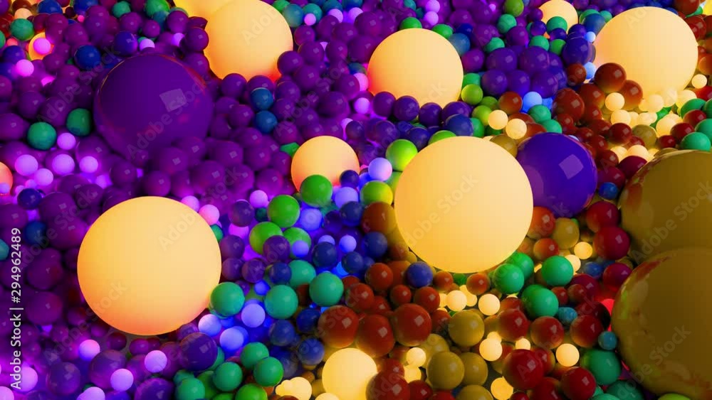 Poster 3d loop of animation in 4k with beautiful small and large spheres or balls as an abstract holiday ba