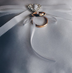 Golden wedding rings with wedding decoration, Selective Focus. Toned Image...