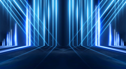 Abstract light tunnel, stage, portal with rays, neon lights and spotlights. Dark empty scene with neon. Abstract blue background, light, smoke. Symmetric reflection, perspective. 3D rendering.