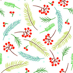 Christmas seamless pattern with spruce, pine branches, snow and berries. Perfect for holiday invitations, winter greeting cards, wallpaper and gift paper,For textiles, packaging, fabric, wallpaper.