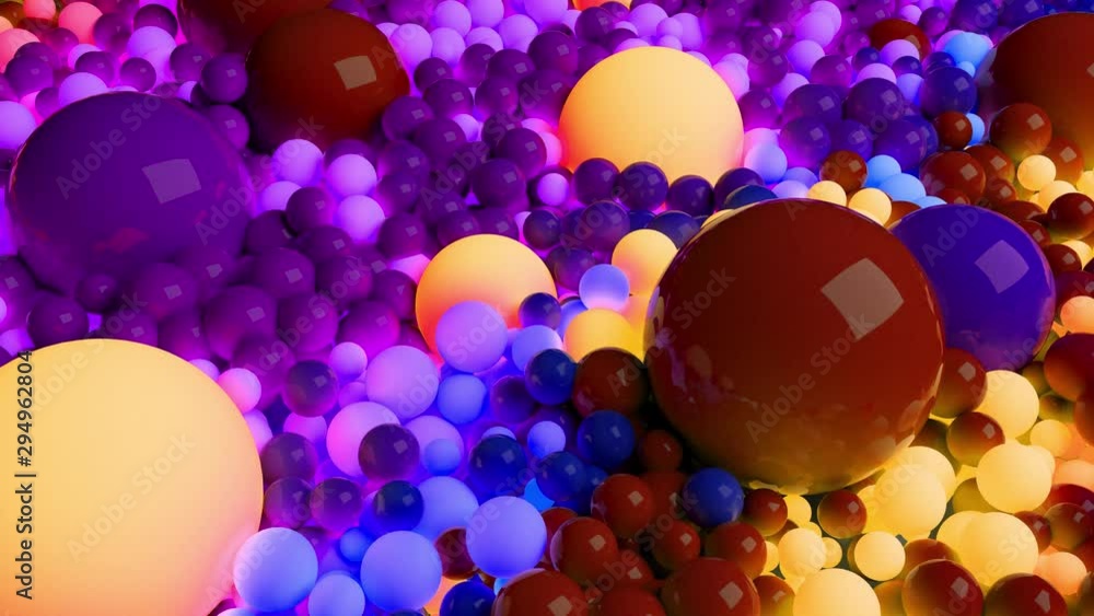 Poster 3d loop of animation in 4k with beautiful small and large spheres or balls as an abstract holiday ba