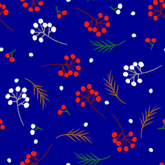Fototapeta na wymiar Christmas seamless pattern with spruce, pine branches, snow and berries. Perfect for holiday invitations, winter greeting cards, wallpaper and gift paper,For textiles, packaging, fabric, wallpaper.