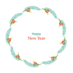 Christmas wreath,round frame with fir branches, holly leaves, berries  with copy space on white background. Perfect for winter holiday invitations.