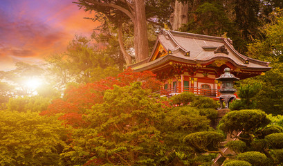 Japanese temple in the sunset