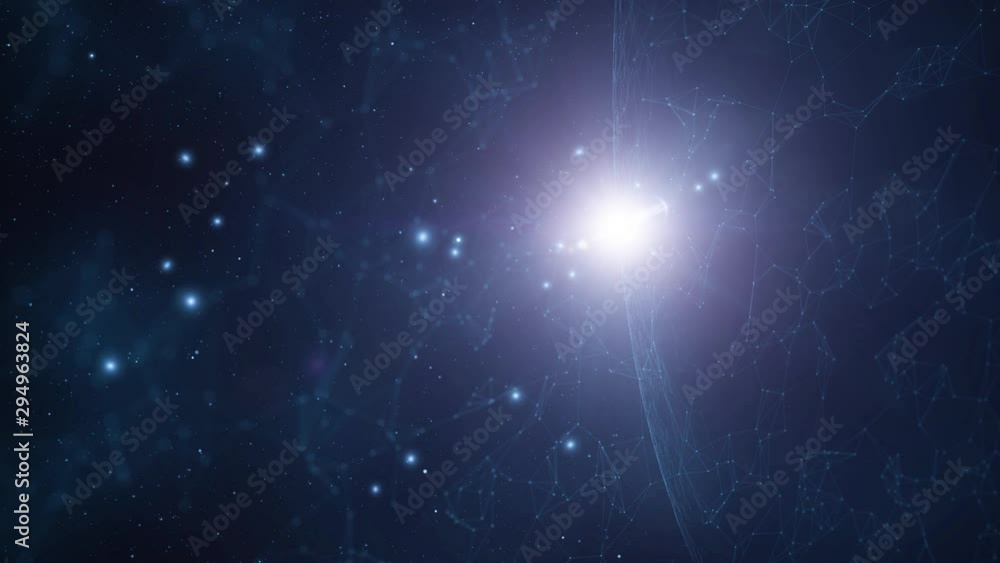 Poster futuristic network globe with lines, dots and sunlight animation, view from space.