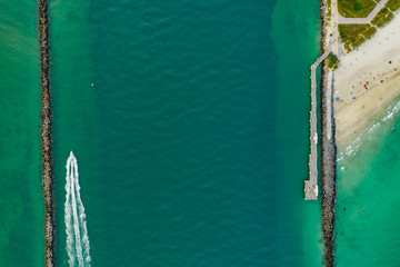 Aerial overhead drone photo Miami Beach inlet