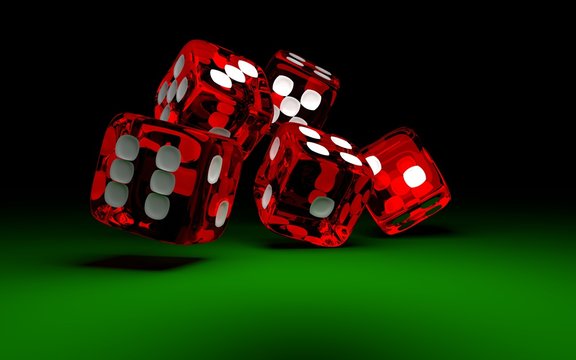 Five red rolling dices on green casino table. Concept of gambling.
