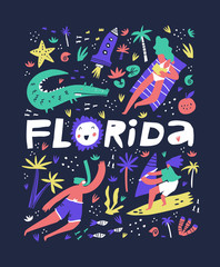 Florida coast summer rest flat vector illustration. State name freehand lettering. Holiday vacation entertainments, beach activities. Resting people cartoon characters. Leisure concept