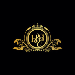 Initial letter HB logo luxury vector mark, gold color elegant classical symmetric curves decor.