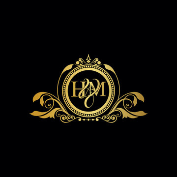 Initial letter HM logo luxury vector mark, gold color elegant classical symmetric curves decor.