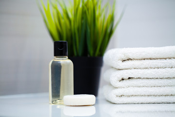 White towels on white table in bath room background