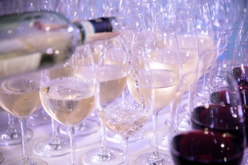 white and red wine glasses for party in club