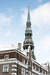 Fototapeta na wymiar Church tops in Riga old town during winter.
