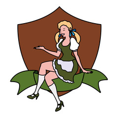 woman blonde with wooden shield background