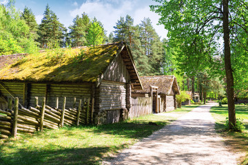 Vintage countryside log house with the yard on a sunny summer day.