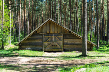 Vintage countryside log house with the yard on a sunny summer day.
