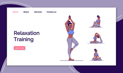 Relaxing training landing page vector template. Yoga practice website interface idea with flat illustrations. Physical, mental balance homepage layout. Healthcare web banner, webpage cartoon concept