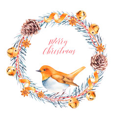 Robin bird sitting on a wreath with cones, jingle bells and pine branches. Isolated watercolor christmas illustration.