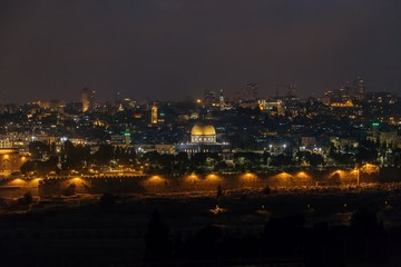 Night Jerusalem. View of Jerusalem Old City from the Mount of Olives.