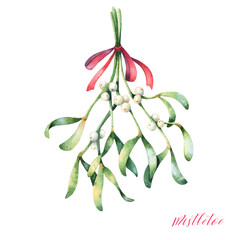 Hanging mistletoe with red ribbon. Watercolor christmas illustration. Holiday decor.
