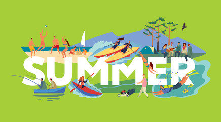 The inscription summer and various plots. Beach volleyball, catamaran rafting, fishing, hiking. Types of active summer activities of people around white letters on a green background
