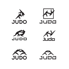 Judo logos are different. Vector graphics. Black silhouettes of stylized wrestlers and corporate letters.