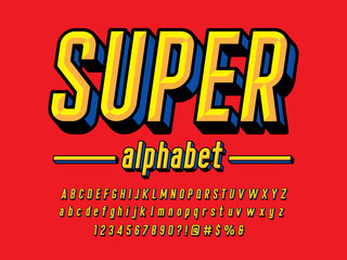 Superhero comic style vector font with uppercase, lowercase, numbers and symbols